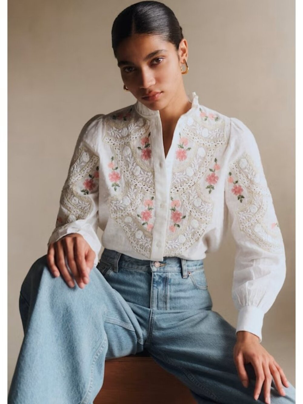 NWT Sezane Maggy Shirt in Ecru Cross Stitch Embroidery Button Down Top 34 / US 2
